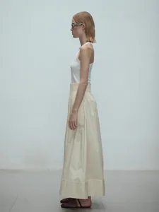 Women's minimalist elastic waist pure cotton A-line maxi skirt with a white tank top