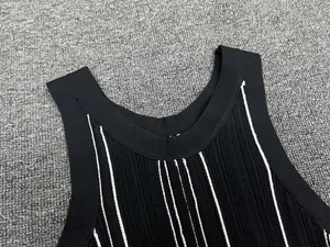 Close-up of the ribbed crew neck and striped texture on a black knitted tank top