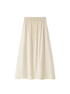 Minimalist A-line cotton midi skirt with elastic high waist in creamy off-white color
