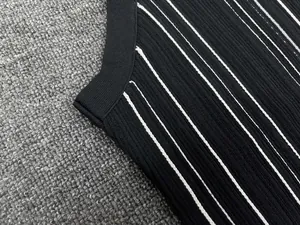 Detailed close-up of the ribbed neckline and vertical stripe knit texture on a vest