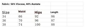 Size chart for satin skirt showing viscose and acetate blend fabric with measurements