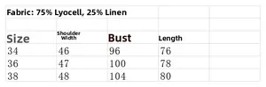 Size chart for V-neck sleeveless top made of 75% Lyocell and 25% Linen fabric