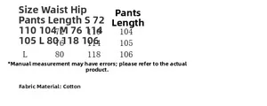 Tableau des tailles détaillé avec mesures de taille et longueur pour pantalon en coton
