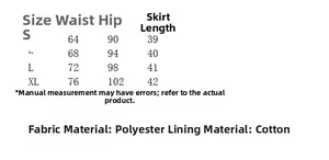 Detailed size chart for high waist A-line mini skirt with fabric and material specs