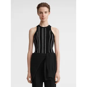 Women Striped Ribbed Knit Tank Top Viscose Polyamide Blend Slim Fit Sleeveless Top For Summer Commuter Everyday Wear