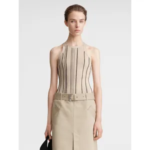 Minimalist beige ribbed knit tank top with black vertical stripes for women's office wear