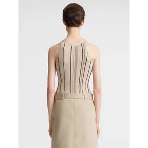 Minimalist striped rib knit tank top and high waist skirt set in light khaki