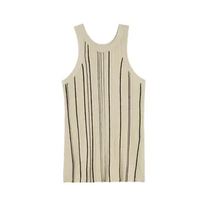 Women's Nordic style striped rib knit tank top in beige with vertical black stripes