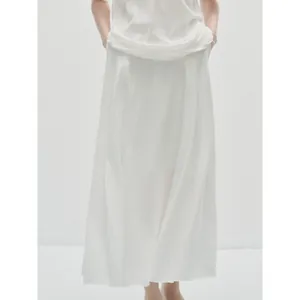 Women's Cotton Minimalist Elastic High Waist Pleated A-Line Maxi Skirt Nordic Style Solid Color Breathable Daily Commuter Long Skirt