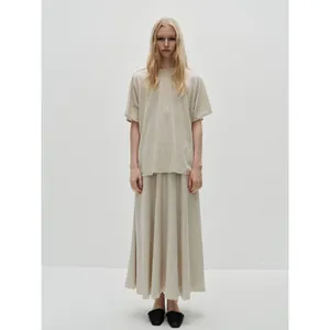 Minimalist beige knit top and ankle-length A-line skirt set for women with elastic waist