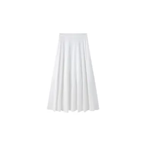 White high-waist pleated A-line midi skirt with comfortable elastic waistband