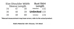 Size chart for off-shoulder long sleeve dress with fabric info and measurements
