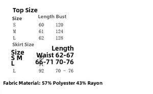 Detailed size chart for pleated short sleeve top and skirt with fabric composition info