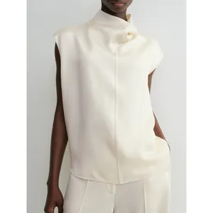 Women Cowl Neck Satin Sleeveless Top Minimalist Viscose Acetate Blouse Casual Office Commuter Elegant Solid Color Shirt Vest