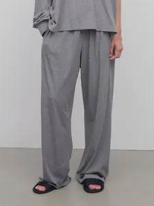 Pantalon Décontracté à Jambes Larges 100% Coton pour Femmes Pantalon Droit à Cordon de Serrage Minimaliste et Taille Élastique pour Détente Gris Noir