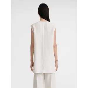 Minimalist white V-neck sleeveless tunic top with back slit and loose fit style