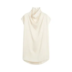 Minimalist cream satin sleeveless top with a draped cowl neck for an elegant casual look