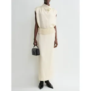 Women's Minimalist Satin Midi Skirt With Fringe Tassel Detail High Waist Slit Viscose Acetate Straight Pencil Skirt