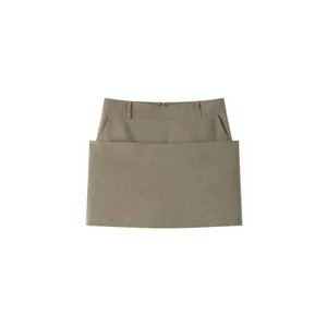 High-waist A-line mini skirt with a layered Nordic design in khaki woven fabric
