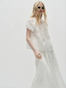 Women Nordic Minimalist Pleated Short Sleeve Top And High Waist Crinkled Maxi Skirt Polyester Rayon Texture Casual Clothing
