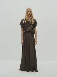 Minimalist dark brown pleated short sleeve top and maxi skirt set with V-neckline