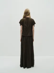 Minimalist pleated short sleeve top and long skirt set with vertical texture in dark brown