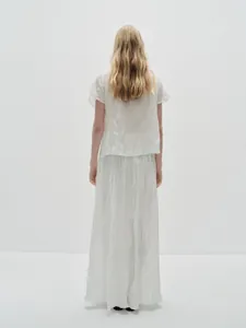 Minimalist white textured short sleeve top and long skirt set for women with Nordic style