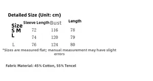 Size chart for white half-placket shirt showing cotton-tencel fabric details and dimensions