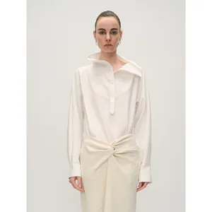 Minimalist white semi-open collar shirt with long sleeves for women, Nordic elegant style