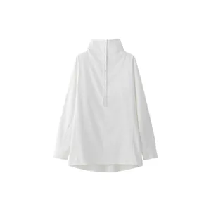 Minimalist white loose-fit high-neck shirt with button-back design and long sleeves