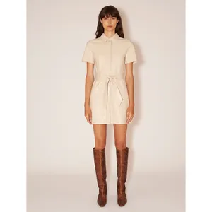 Damen PU Leder Kurzarm Hemdkleid Mit Gürtel Einfach Einfarbig Slim Fit A-Linie Mini Kleid Für Pendler Alltag Kleidung