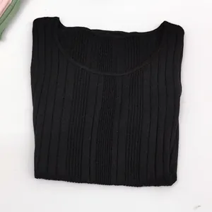 Detailed macro view showing the vertical ribbed knit texture of a black crewneck sweater