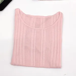Detail of pink ribbed knit top showing soft vertical stripe texture and round neckline