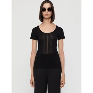 Women Minimalist Slim Fit Ribbed Knit Top Round Neck Short Sleeve Wool Blend T-Shirt Casual Nordic Style Summer Pullover