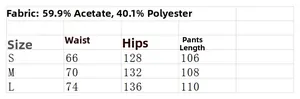 Size chart for women high waist trousers showing fabric composition and measurements