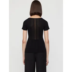 Women black short sleeve rib knit top featuring a unique sheer vertical stripe on the back