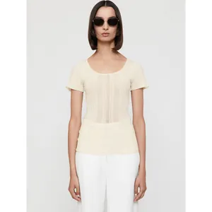 Minimalist cream short-sleeve knit top with slim fit and ribbed texture for women