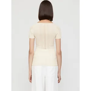 Slim fit cream short sleeve knitted top with vertical ribbed texture for women