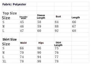 Detailed size chart for women's printed long sleeve top and irregular skirt set