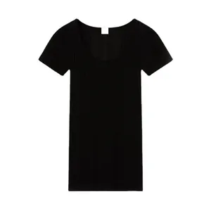 Slim fit black ribbed knit short sleeve top with scoop neckline on white background