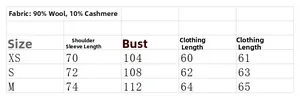 Size chart for women's wool cashmere sweater with dimensions for XS, S, and M sizes