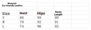 Size chart for eco-friendly leather trousers with waist, hip and length details in cm