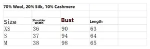 Size chart for wool silk cashmere knit top showing shoulder, chest, and length measurements