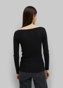 Close-up of the black ribbed knit texture and stitching on long sleeve fitted top