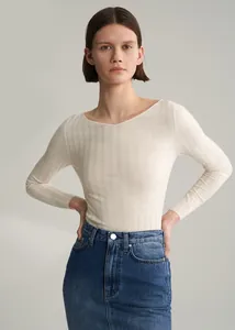 Detail of a creamy white ribbed knit top with an elegant wide boat neck and slim fit
