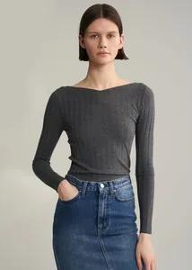 Detail of grey ribbed long-sleeve knit top with elegant boat neck and slim fit texture