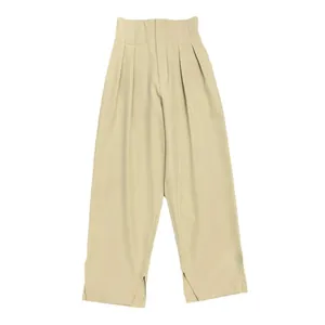 Women's high waist wide leg trousers in beige with stylish side slits at the ankle