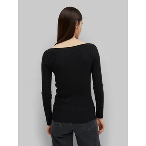 Women's black ribbed knit long sleeve top with elegant boat neck and slim fit back view