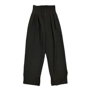 Women's high waist black wide leg trousers with pleated waist and side slit details