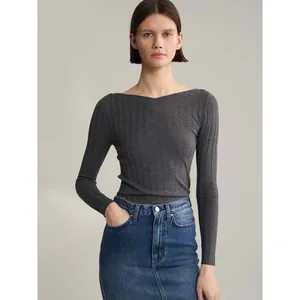 Chic dark grey ribbed long sleeve knit top with elegant boat neck for women